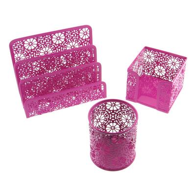 Metal Masaüstü Set Büyük 3'Lü Flower Pembe