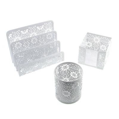 Metal Masaüstü Set Büyük 3'Lü Flower Beyaz